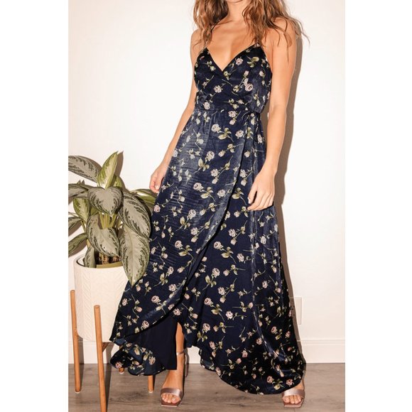 Lulus Dresses & Skirts - Lulu's A Promise to You Navy Blue Floral Satin Wrap Maxi Dress, M - RARE!